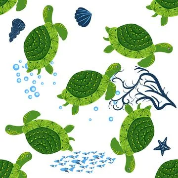 Turtle green seamless pattern, beautiful character among seashells, seaweed,  Stockillustratie
