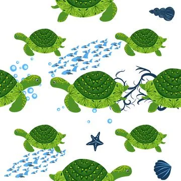 Turtle green seamless pattern, beautiful character among seashells, seaweed,  Illustrazione stock