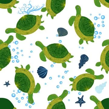Turtle green seamless pattern, beautiful character among seashells, seaweed,  Stock Illustration