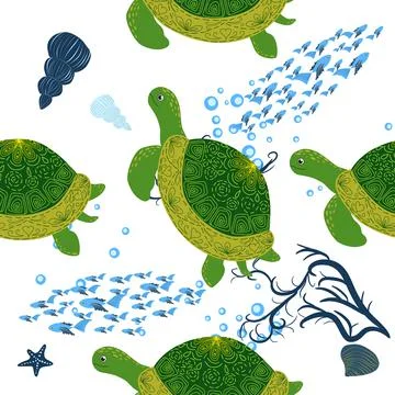 Turtle green seamless pattern, beautiful character among seashells, seaweed,  스톡 일러스트