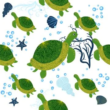 Turtle green seamless pattern, beautiful character among seashells, seaweed,  Stock Illustration