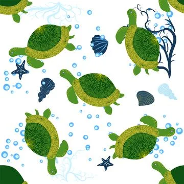 Turtle green seamless pattern, beautiful character among seashells, seaweed,  Stock Illustration