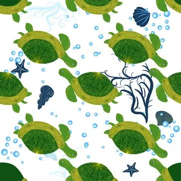 Turtle green seamless pattern, beautiful character among seashells, seaweed,  Illustrazione stock