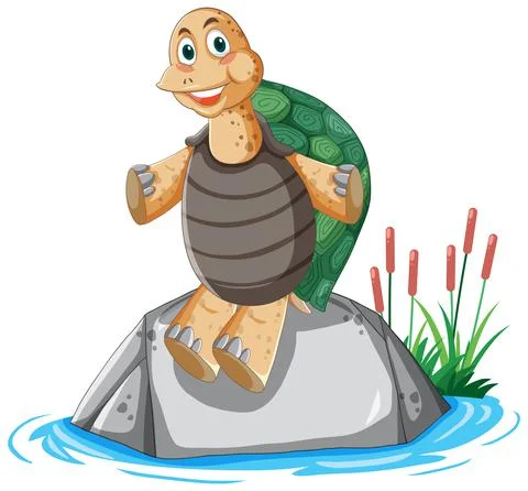 Turtle with green shell sitting on a rock Stock Illustration