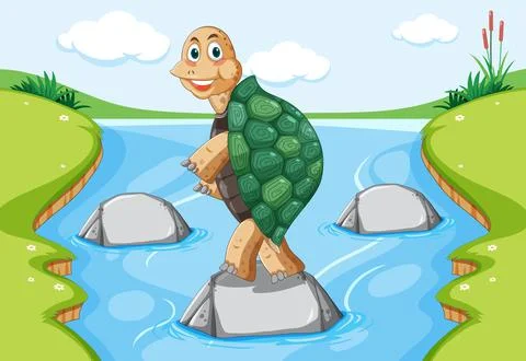 Turtle with green shell standing on a rock in the forest Stock Illustration
