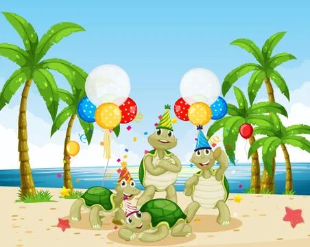 Turtle group in party theme cartoon character on beach background Stock Illustration