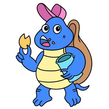 A turtle in a hat eats a delicious snack, doodle icon image kawaii Stock Illustration