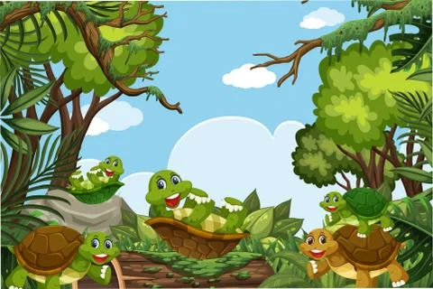 Turtle in jungle scene Stock Illustration