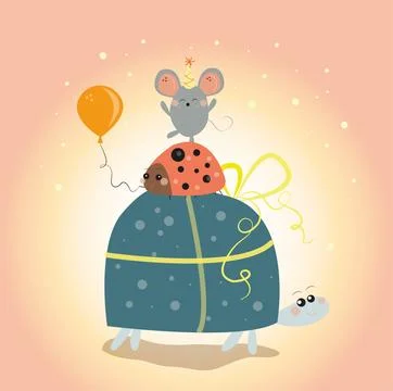 Turtle ladybug and mouse stand on top of each other Stock Illustration