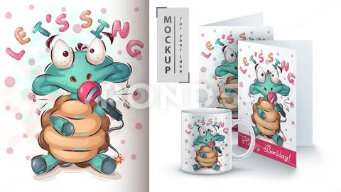 Turtle with microphone poster and merchandising Stock Illustration