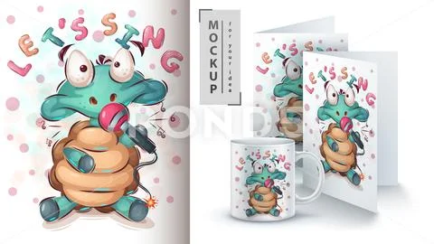 Turtle with microphone poster and merchandising Stock Illustration