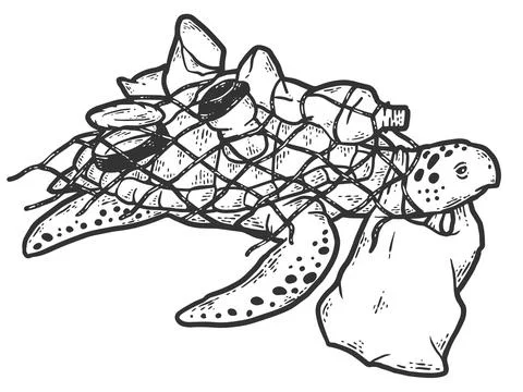 Turtle in net with plastic bottles, concept cleanliness. Sketch scratch board Stock Illustration