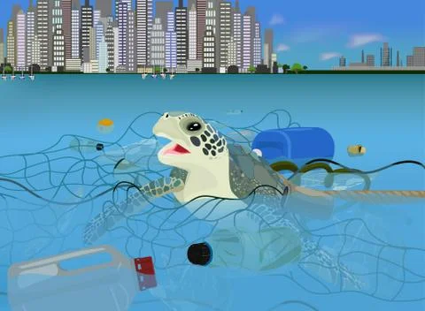 Turtle in the ocean with trash vector icon on a blue background. Environment Stock Illustration