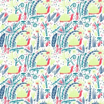Turtle, palm, branches, leaves and fruits composition. Seamless pattern Stock Illustration