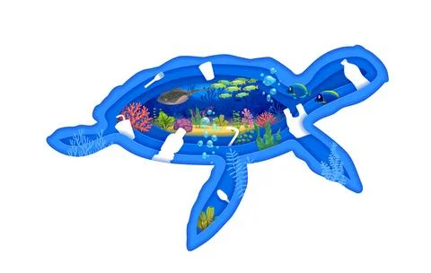 Turtle paper cut silhouette with trash in sea Illustrazione stock