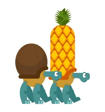 Turtle Pineapple and Coconut. tortoiseshell in shape of coco. tropical Fruit  Stock Illustration
