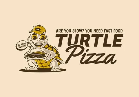Turtle pizza, No more hungry, Mascot character of a turtle holding a pizza Stock Illustration