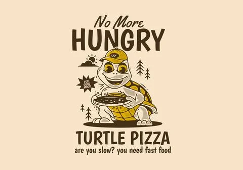 Turtle pizza, No more hungry, Mascot character of a turtle holding a pizza Stock Illustration