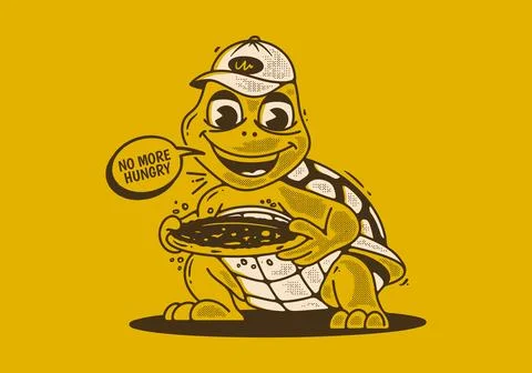 Turtle pizza, no more hungry. Mascot character illustration of a turtle hol.. 스톡 일러스트