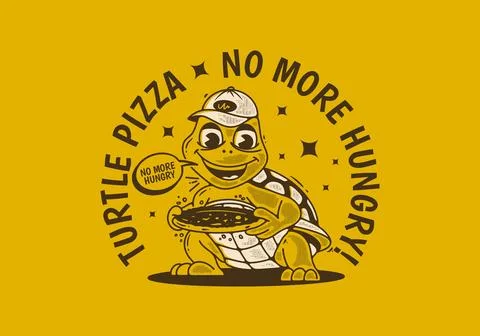 Turtle pizza, no more hungry. Mascot character illustration of a turtle hol.. Stock Illustration