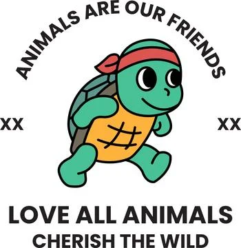 A turtle is running and the words "Animals are our friends" are written abo.. Stock Illustration