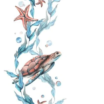 Turtle, sea blue algae with leaves wriggling in wave with bubbles and coral イラスト素材