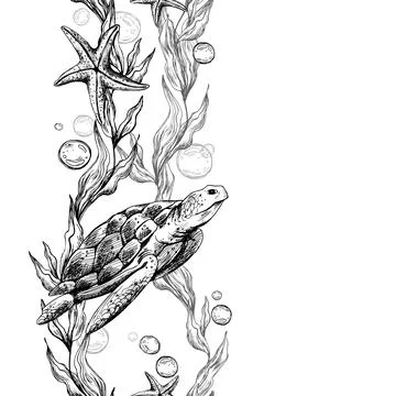 Turtle, sea blue algae with leaves wriggling in wave with bubbles and coral Stock Illustration