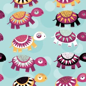 Turtle Seamless pattern with funny cute animal on a blue background Stock Illustration