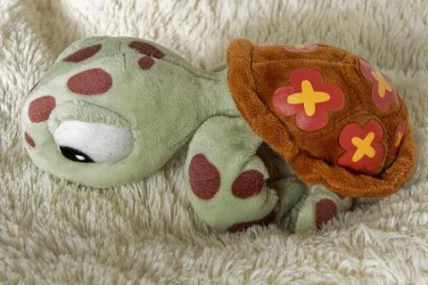 A turtle-shaped puppet, a soft toy for children. 库存照片