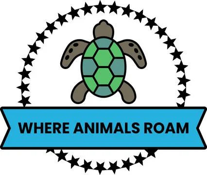 A turtle is shown on a blue ribbon with the words Where Animals Roam イラスト素材