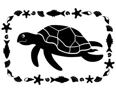 Turtle silhouette of a sea animal in a rectangular frame - vector template Stock Illustration