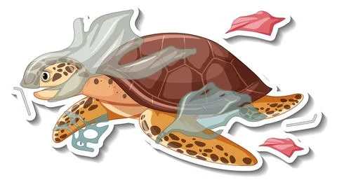 Turtle stuck with plastic trash cartoon sticker Illustrazione stock