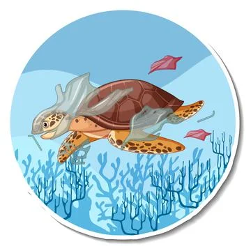 Turtle stuck with plastic trash cartoon sticker Illustrazione stock