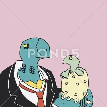 A turtle in a suit and tie holding a newly hatched turtle Stock Illustration