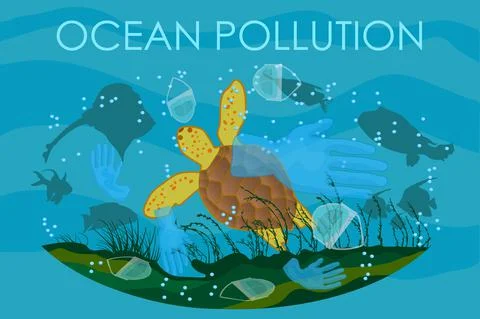 Turtle swimming among garbage. Stop sea plastic pollution. Stock Illustration