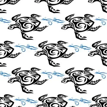 Turtle swimming in the sea seamless pattern Stock Illustration