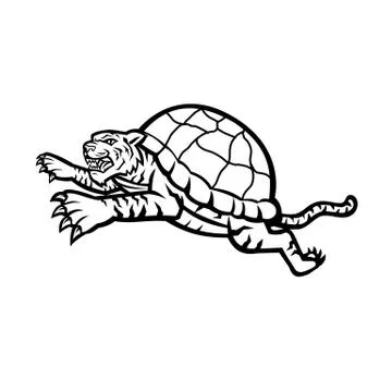 Turtle Tiger Leaping Side Black and White Stock Illustration