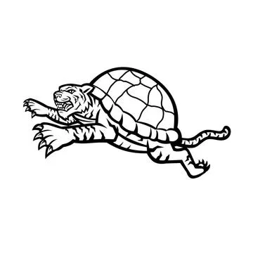 Turtle Tiger Leaping Side Black and White Mascot icon illustration of head... Stock Photos