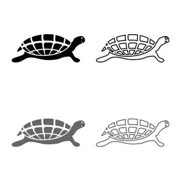 Turtle tortoise icon set grey black color illustration outline flat style sim Stock Illustration