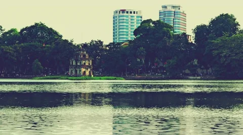 Turtle Tower on Hoan Kiem lake. Hanoi. Retro look panning. Stock Footage 52202028