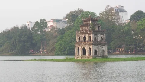 The Turtle Tower in middle of the Hoan Kiem Lake Stock Footage 108198047