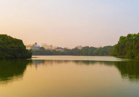 Turtle tower with modern skyscraper buildings and reflection in the middle of Foto stock