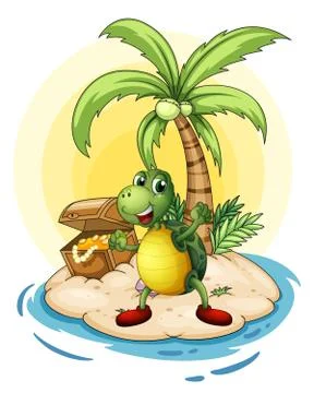 A turtle with a treasure at the back in a small island Stock Illustration