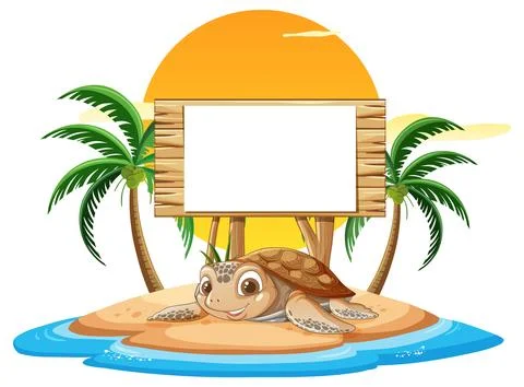 Turtle on Tropical Island at Sunset Stock Illustration