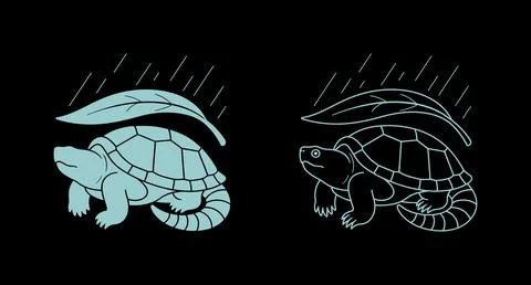 Turtle under large leaf in the rain illustration with wildlife Stockillustratie