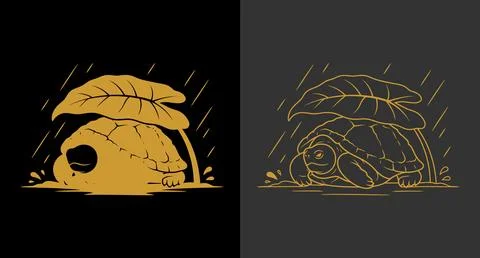 Turtle under large leaf in rain vector art with tortoise rainstorm wildlife Stock Illustration