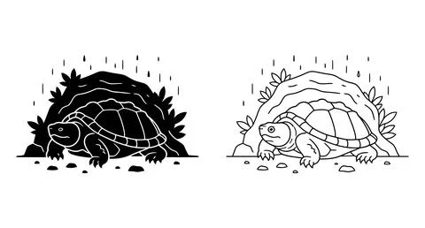 Turtle under rain vector illustration in black and white style with silhouett Stock Illustration