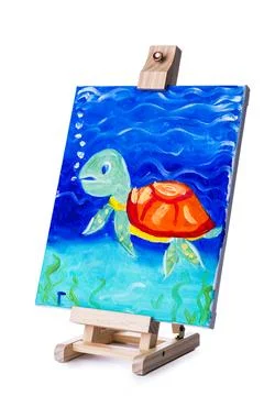 Turtle underwater in a deep sea with sun rays in oil painting drawing canvas Stock Illustration