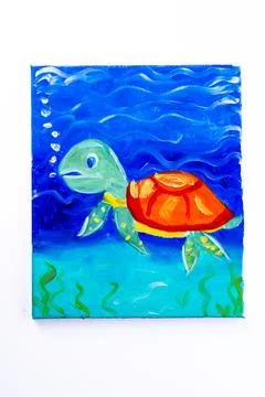 Turtle underwater in a deep sea with sunrays in oil painting drawing canvas Stock Illustration