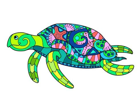 Turtle - vector linear full color illustration. Ocean animal - colorful Stock Illustration